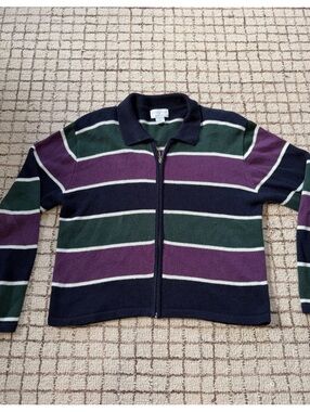 Women full zip cotton rugby striped polo sweater retro preppy academia 90s y2k